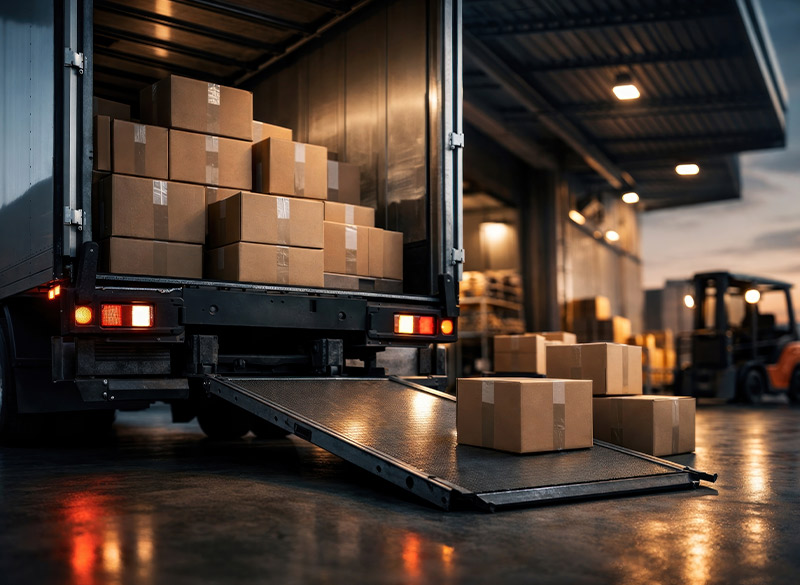 back of box truck with several stacks of boxes